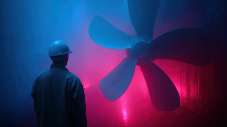 A man is standing in front of a large propeller. The man is wearing a hard hat and a black jacket. The propeller is surrounded by a purple and blue light, creating a moody atmosphereの素材