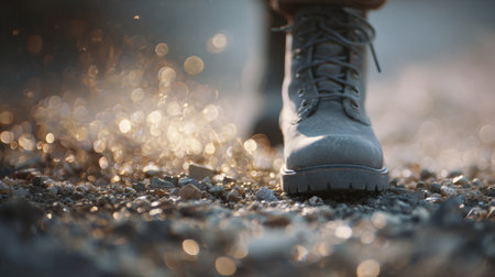 A person's foot is shown in a blurry image with a grey boot. The image has a moody and somewhat mysterious feel to it, as the focus is on the foot rather than the personの素材