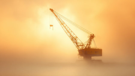 A crane is seen in the foggy morning with the sun rising in the background. The crane is yellow and is on a dockの素材
