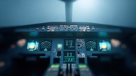The cockpit of an airplane is lit up with a blue and green color scheme. The instruments are glowing and the controls are illuminated. Scene is one of excitement and anticipationの素材