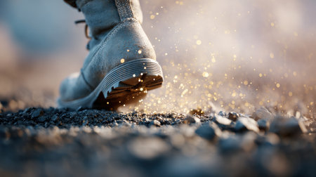 A person's foot is on a rocky surface, leaving a trail of dust and dirt. Concept of movement and energy, as the person's foot is in the process of leaving an impression on the groundの素材
