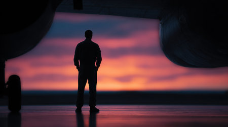 A man stands on a runway at sunset, looking out over the water. The sky is a mix of orange and pink hues, creating a serene and peaceful atmosphere. The man is lost in thoughtの素材