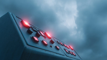 A blue box with red buttons on it. The buttons are lit up and the box is in the air. The sky is cloudy and the mood of the image is mysteriousの素材