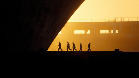 A group of men are walking on a pier at sunset. Scene is peaceful and serene, as the men are walking in a line and the sun is setting in the backgroundの素材
