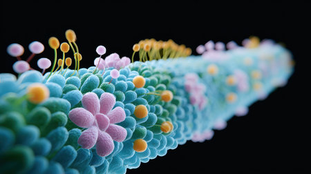 A long blue and pink flowery stem with yellow and orange flowers. The flowers are very small and are scattered throughout the stemの素材