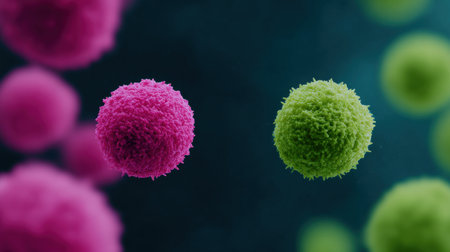 Two green and pink balls are shown in a close up. The pink ball is larger than the green oneの素材