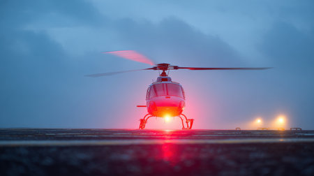 A red and white helicopter is on the runway. The helicopter is on the ground and is not in the airの素材