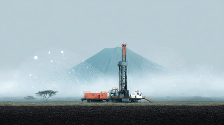 A drilling rig is in the middle of a field with a mountain in the background. The sky is cloudy and the atmosphere is somewhat ominousの素材