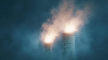 Two tall smokestacks with smoke coming out of them. The smoke is yellow and orangeの素材