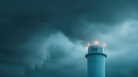 A lighthouse is lit up in the dark sky. The sky is cloudy and the lighthouse is the only light sourceの素材