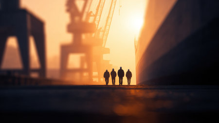 A group of four people walking in front of a large ship. The sun is setting in the background, creating a warm and peaceful atmosphereの素材
