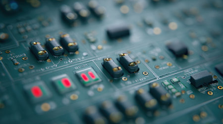 A close up of a circuit board with many small components. Concept of complexity and intricacy, as the various parts are densely packed together. Scene is one of technical sophistication and precisionの素材