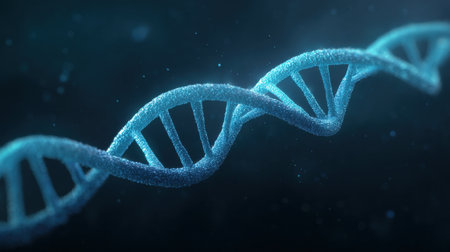 A blue DNA strand with a lot of detail. The strand is very long and is surrounded by a dark blue backgroundの素材