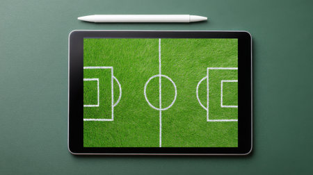 A tablet with a soccer field on it. The tablet is on a green surface. The tablet is showing a soccer field with a white line dividing it into two halvesの素材