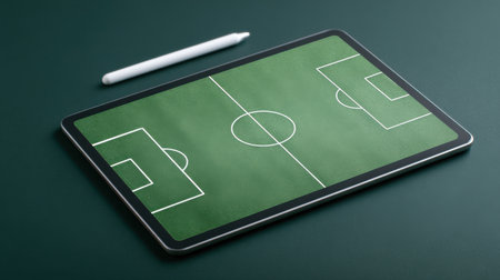A tablet with a green field and a white circle on it. The tablet is placed on a green surfaceの素材