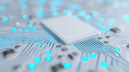 Circuit board close-up with microchips and electronic componentsの素材