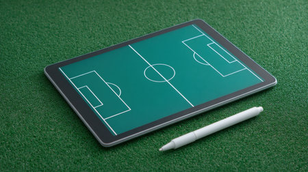 A tablet with a soccer field drawn on it sits on a green surface. A white pen is next to the tabletの素材