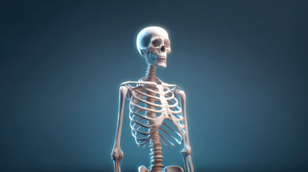 Human skeleton Anatomy 3D Rendering on blue background for medical conceptの素材