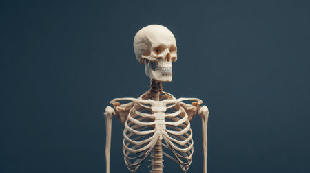 Human skeleton model on a dark blue background. Close-up.の素材