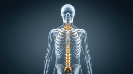 Human skeleton anatomy x-ray on blue background. 3D renderingの素材