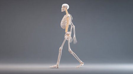Human skeleton model on a gray background. 3D illustration, 3D rendering.の素材