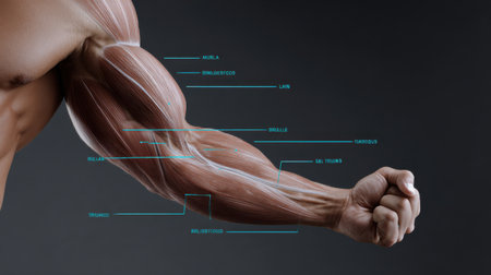 muscle anatomy - male arm on gray background with copy space for textの素材