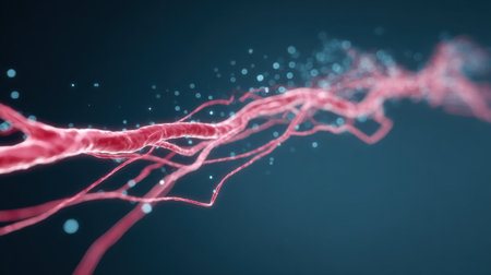 3D illustration of red DNA strand with particles and lines on blue backgroundの素材