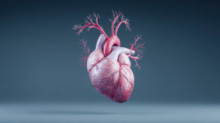 Human heart anatomy on blue background. 3d render and illustration.の素材