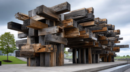 A large wooden structure with many pieces of wood stacked on top of each other. The structure is made of wood and has a rustic appearanceの素材