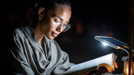 A woman is reading a book in a dimly lit room. She is wearing glasses and she is focused on the text. The atmosphere of the image is calm and contemplative, as the woman is engrossed in her readingの素材
