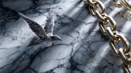 A bird is flying over a chain. The chain is gold and is hanging from the ceiling. The bird is in the foreground and the chain is in the backgroundの素材