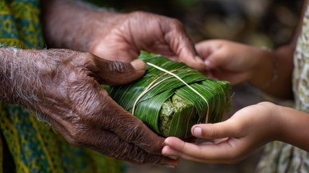 A woman is holding a bundle of green leaves in her hands. A child is reaching out to take the bundleの素材