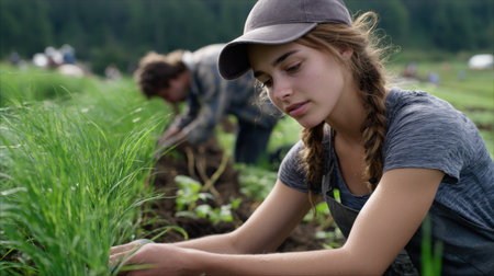 A woman is working in a field with a man. She is wearing a hat and has her hair in pigtailsの素材