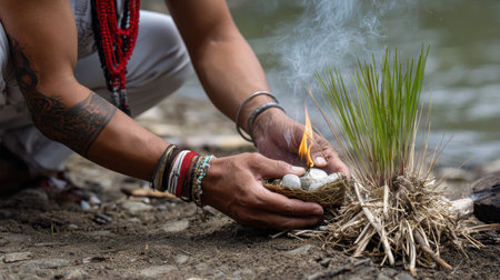 A man is holding a small fire in his hands. The fire is surrounded by a small pile of sticks and grass. The man is wearing a bracelet and a necklace. The scene is set on a beachの素材