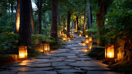 A walkway in a forest is lit up with candles, creating a warm and inviting atmosphere. The candles are placed along the path, illuminating the way and casting a soft glow on the surrounding treesの素材