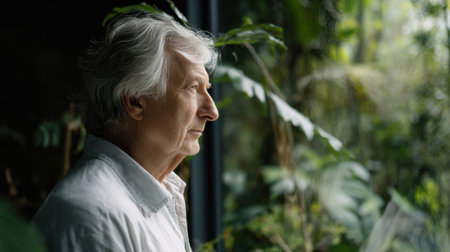 A man with white hair is looking out a window. The scene is set in a lush green forest, with trees and plants surrounding the man. The man is lost in thoughtの素材