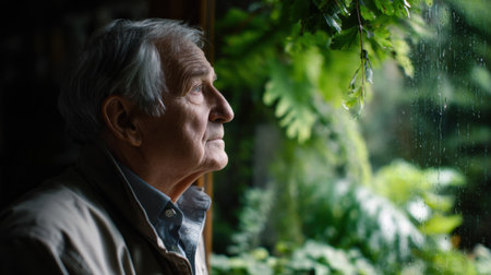 An older man is looking out a window at the rain. The scene is quiet and contemplative, with the man's gaze fixed on the raindrops sliding down the windowpane. Concept of solitude and reflectionの素材