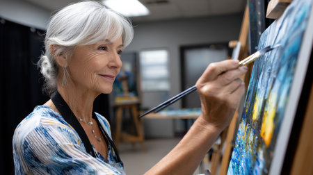 A woman is painting a picture in a studio. She is smiling and she is enjoying herselfの素材