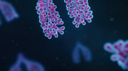 A close up of a bunch of pink and blue flowers. The flowers are very small and are scattered throughout the image. Scene is calm and peaceful, as the flowers are not too crowded and are spread outの素材