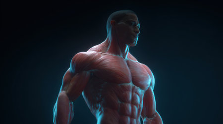 Human Body Anatomy - Muscular Athletic Bodybuilder Fitness Model with Blue Lightの素材