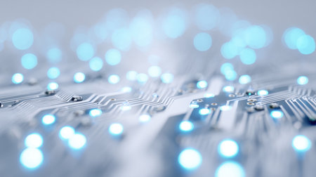 A computer chip with many small lights on it. The lights are blue and the chip is whiteの素材
