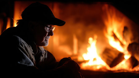 A man sits in front of a fireplace, wearing a hat and glasses. Concept of warmth and comfort, as the man is surrounded by the cozy atmosphere of the fireの素材