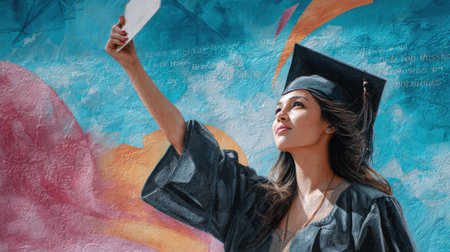 A woman in a graduation gown is taking a picture of herself. Concept of accomplishment and pride, as the woman is celebrating her graduation. The blue and orange background adds a pop of colorの素材