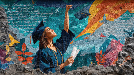 A woman in a graduation gown is holding a diploma. The image is a mosaic of colors and text, with the woman's graduation gown and diploma being the main focus. Scene is celebratory and triumphantの素材