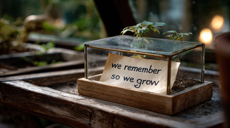 A small plant is in a glass container with a piece of paper that says "we remember so we grow."の素材