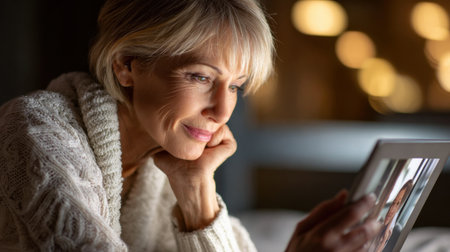 A woman is sitting on a bed and looking at a tablet. She is smiling and she is enjoying herselfの素材