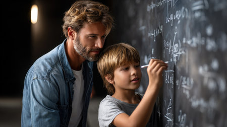 A man and a boy are drawing on a blackboard. The boy is drawing a mathematical equation and the man is watching him. Scene is one of learning and teachingの素材