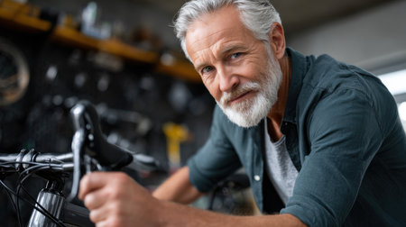 A man with a beard and gray hair is standing in front of a bicycle. He is smiling and he is proud of his workの素材