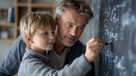 A man and a boy are drawing on a blackboard. The boy is smiling and the man is looking at him. Scene is happy and playfulの素材