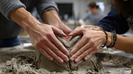 Two people are making a clay sculpture together. Scene is collaborative and creative. The hands of the people are working together to shape the clayの素材